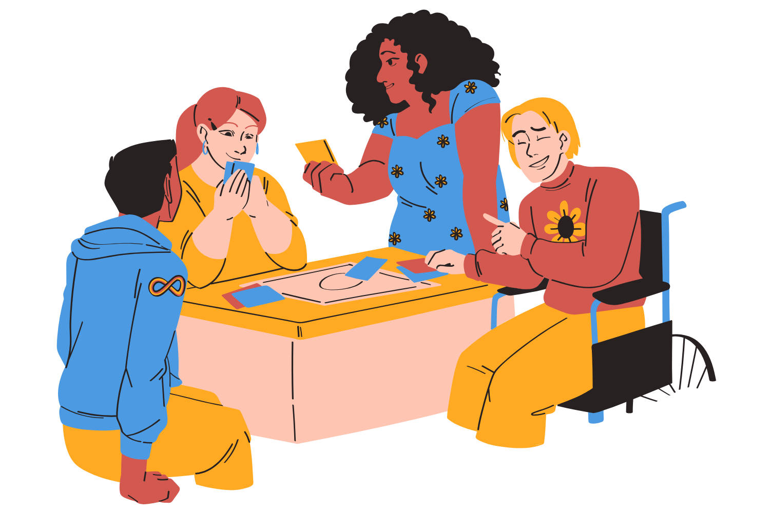 Illustration showing a diverse team collaborating around a table, sharing ideas and working together